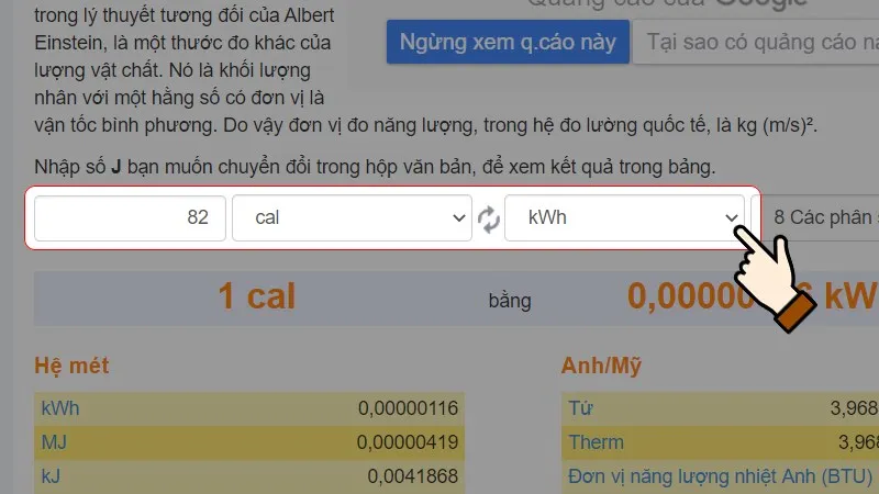 Nhập số lượng bạn muốn chuyển Chọn đơn vị là Calo (cal)