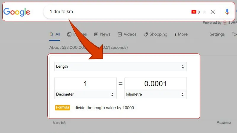 Đổi đơn vị dm sang km bằng Google 