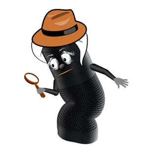 Alexa Music Commands: Amazon Alexa with magnifying glass and detective hat looking for a playlist