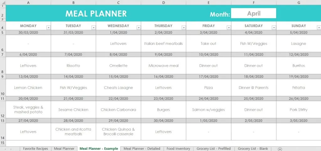 meal planning breakfast lunch dinner snacks family menu plan monthly editable customisable excel spreadsheet template google sheets mac