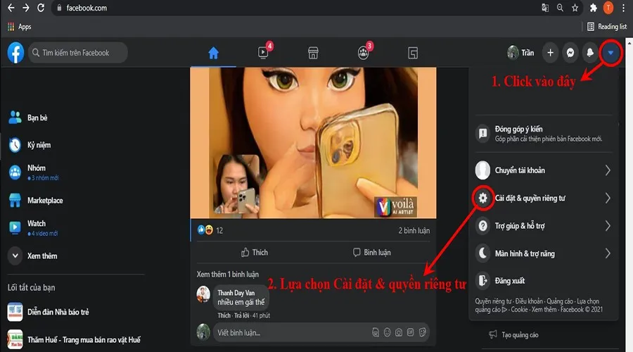 Cách chọn Cài đặt & quyền riêng tư trên Facebook phiên bản web