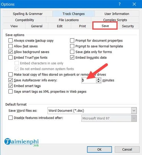 thay doi thoi gian tu dong luu tren word auto save word 10