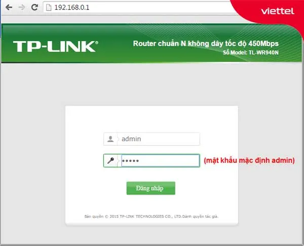 Giao diện đăng nhập vào Modem TP-Link do Viettel cung cấp