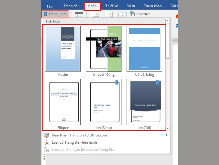 Sử dụng các mẫu bìa có sẵn của Word + Bước 