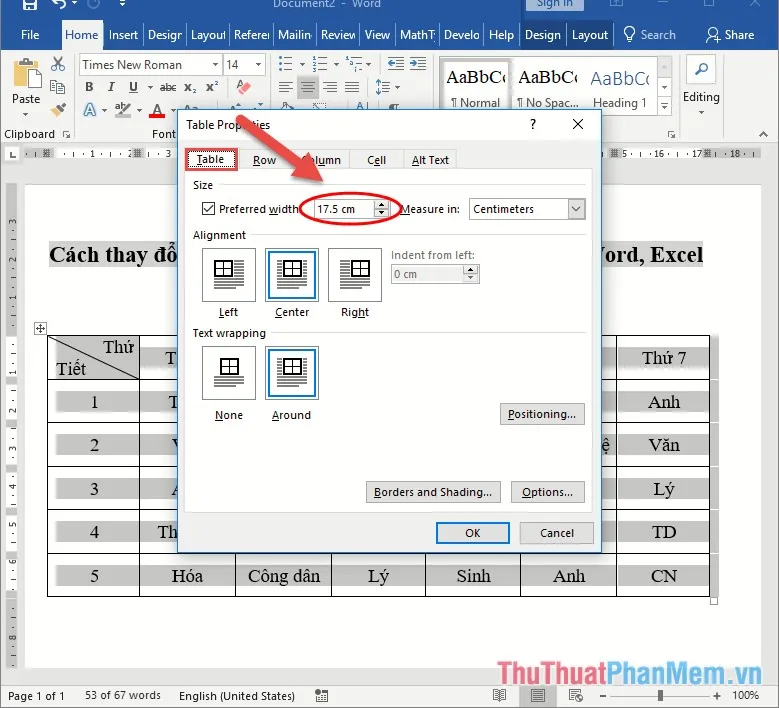 Thay đổi chiều rộng bảng trong tab Table