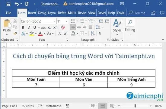 cach di chuyen bang trong word 2