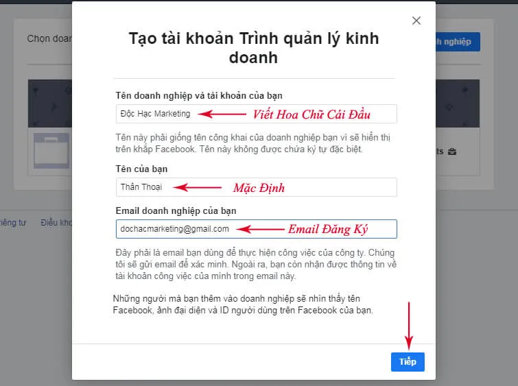 cài đặt tài khoản business facebook