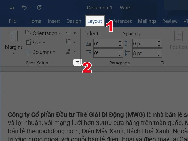 Nhấn vào biểu tượng mũi tên ở Page Setup trong Word.