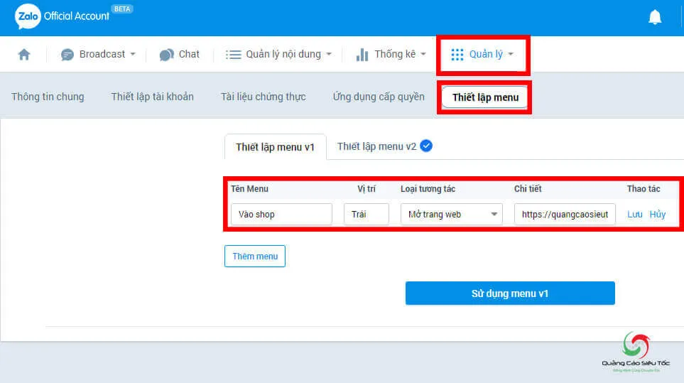 Cách thiết lập menu trên OA Zalo 