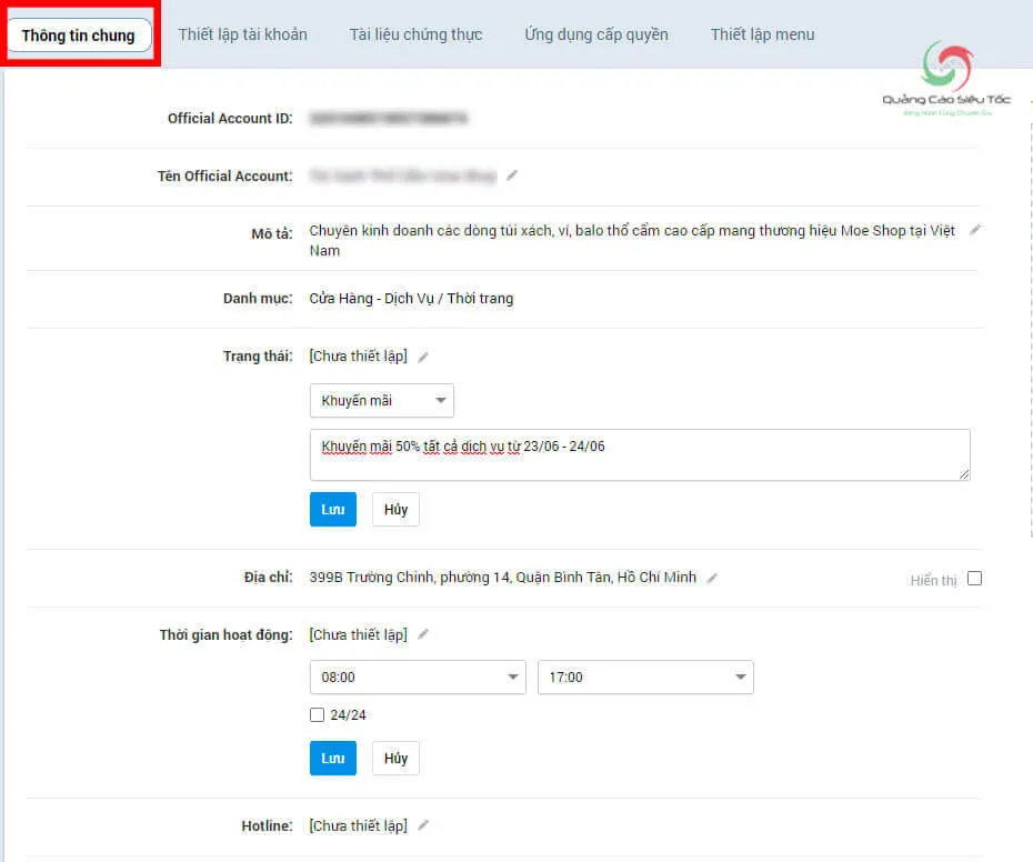 Cách sử dụng tính năng thiết lập thông tin chung cho Official Account