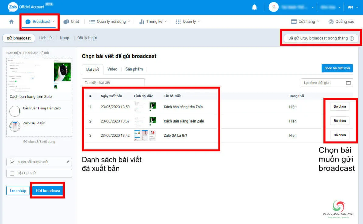 Cách sử dụng tính năng Broadcast trên Zalo page