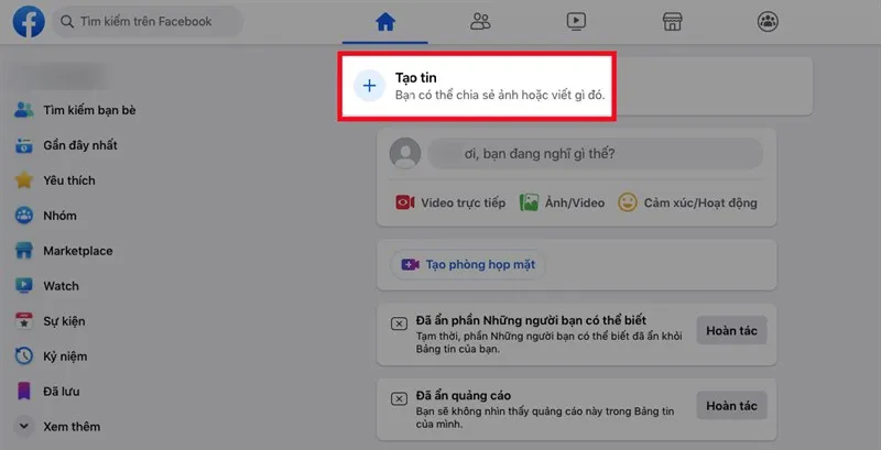 MởFacebook trên máy tính Nhấn vào biểu tượng dấu cộng ở mụcTạo tin