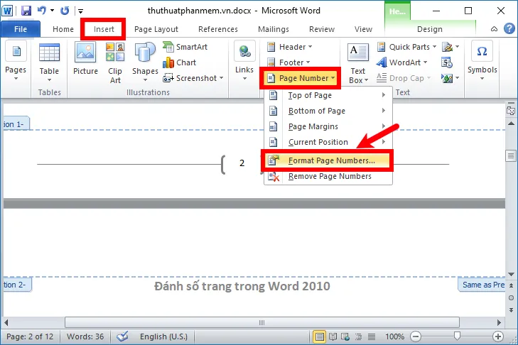 cach danh so trang trong word 2010