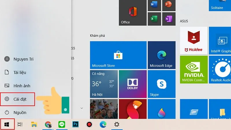 Mở menu Start trên Windows 10 Chọn Cài đặt (Settings).