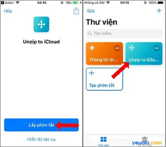 Giải nén file rar trên iPhone phiên bản iOS 12 bằng phím tắt Unzip to iCloud