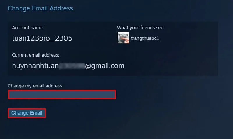 Nhập email mới mà bạn muốn thay đổi vào ô và nhấn Change email.