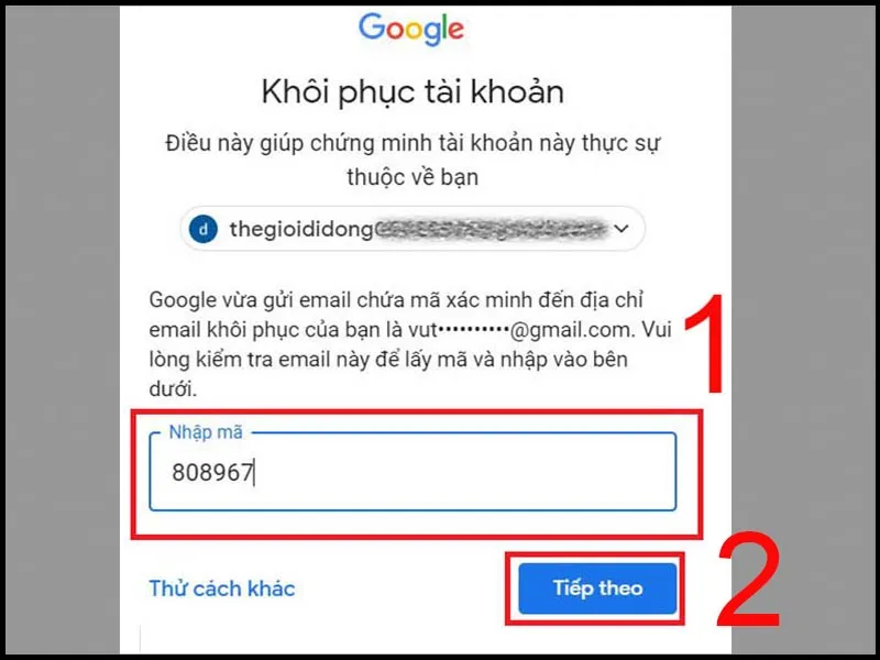 Nhập mã từ địa chỉ Email dự phòng