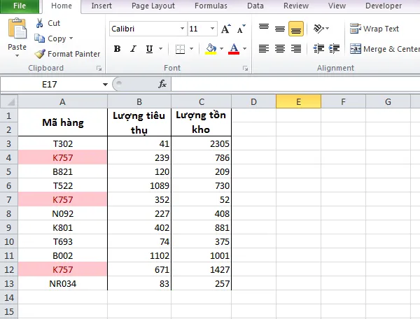 Sau khi lọc, giá trị trùng được excel 10 hiển thị nổi bật bằng chữ đỏ, đổ ô màu đỏ