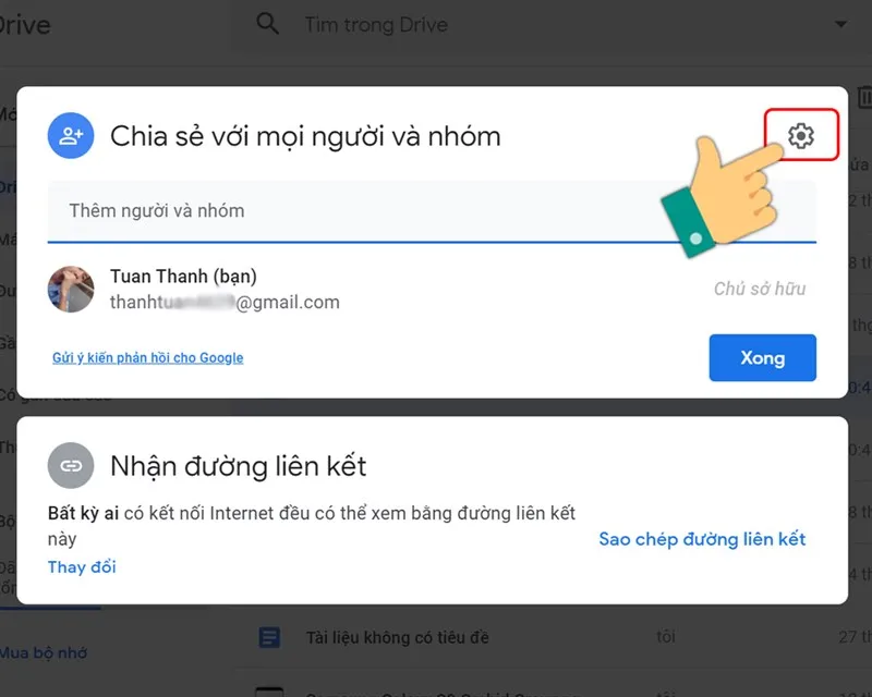 Nhấn vào biểu tượng cài đặt để cài cách chia sẻ file