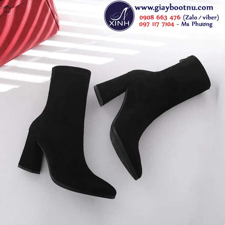 Giày boot nữ cổ lửng màu đen gót vuông sành điệu GBN165