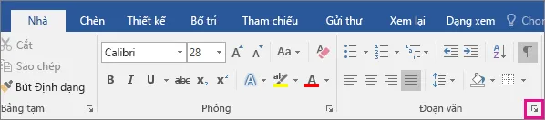 Mũi tên để mở hộp thoại Đoạn văn được tô sáng trên tab Nhà.