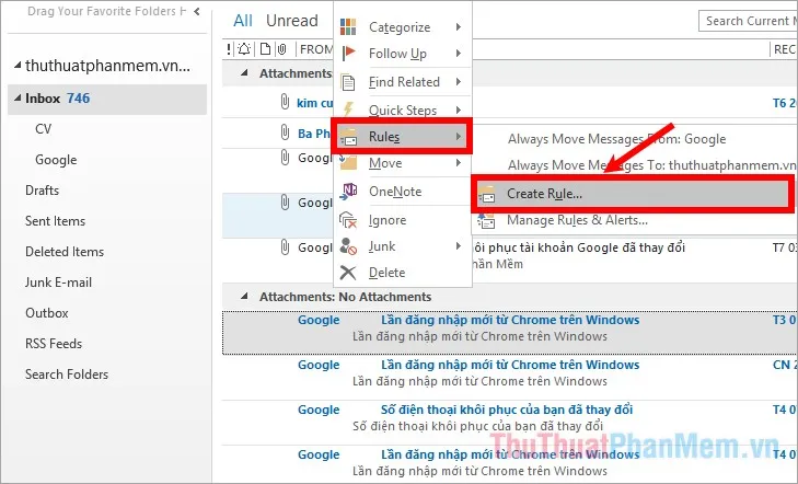 Nhấn chọn vào email, sau đó nhấn chuột phải chọn Rules - Create Rule