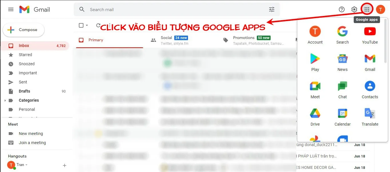 Vào Gmail, click vào biểu tượng Google Apps