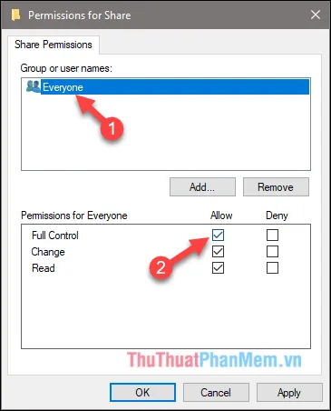 Chọn Everyone sau đó chọn Full Control
