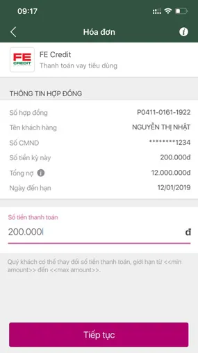 Nhập số tiền muốn thanh toán và hình thức thanh toán sau đó bấm Thanh toán