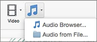 Menu Chèn âm thanh với các lựa chọn âm thanh từ tệp và trình duyệt âm thanh
