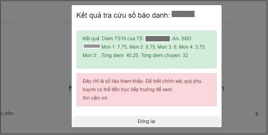 Màn hình sẽ hiển thị tự động tên và điểm cụ thể từng môn và điểm tổng của thí sinh