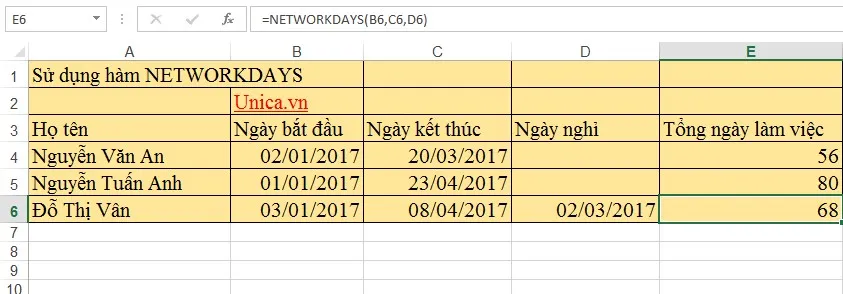 Mô tả cách sử dụng hàm NETWORKDAYS. Hình 2