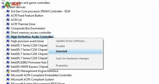 kich chuot phai vao high definition audio controller roi chonuninstall