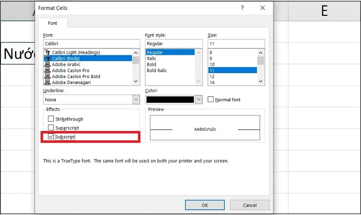 Khi mở hộp thoại Format Cells, bạn nhấn vào tab Font  Trong mục Effects chọn Subscript.