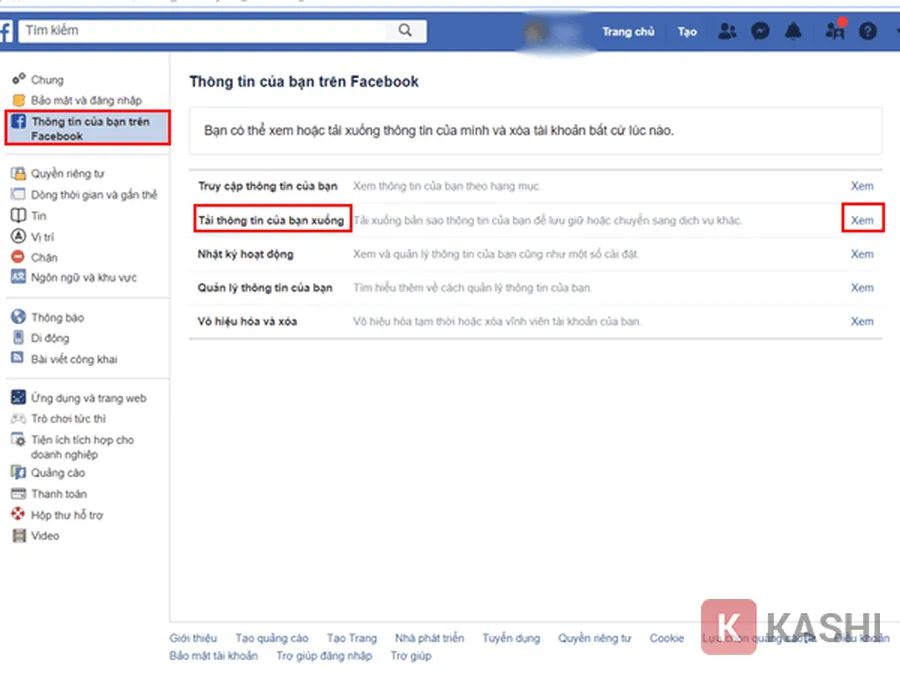 Chọn "Thông tin của bạn trên Facebook" = "Tải thông tin của bạn xuống" = "Xem"