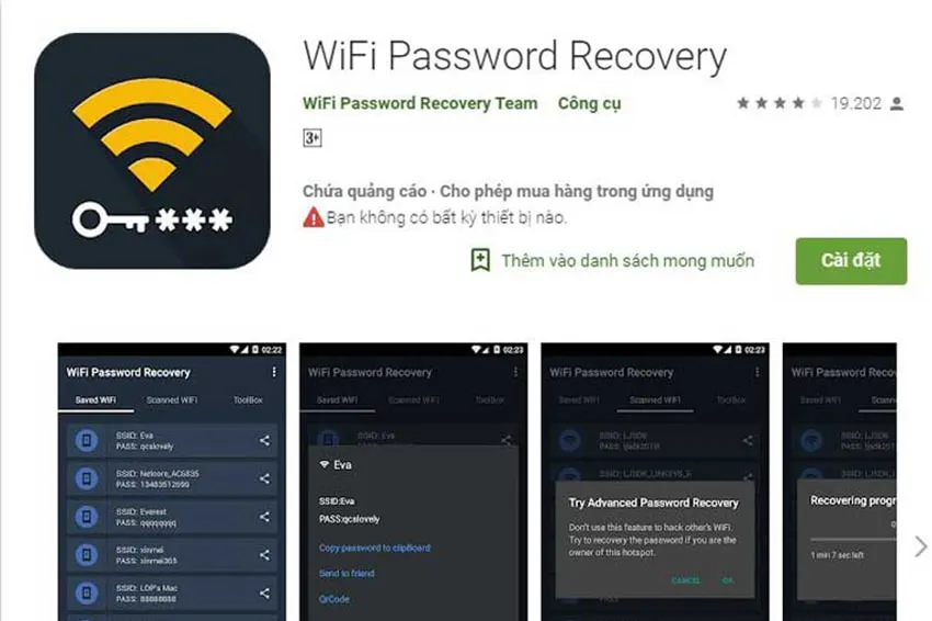 3 cách xem mật khẩu Wifi trên Android cực dễ: tải ứng dụng Wifi Password Recovery trên CH Play