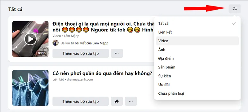 xem bài viết, video đã lưu Facebook