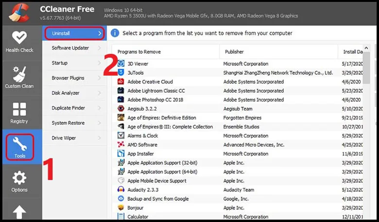 Cách xóa ứng dụng trên laptop dùng phần mềm CCleaner