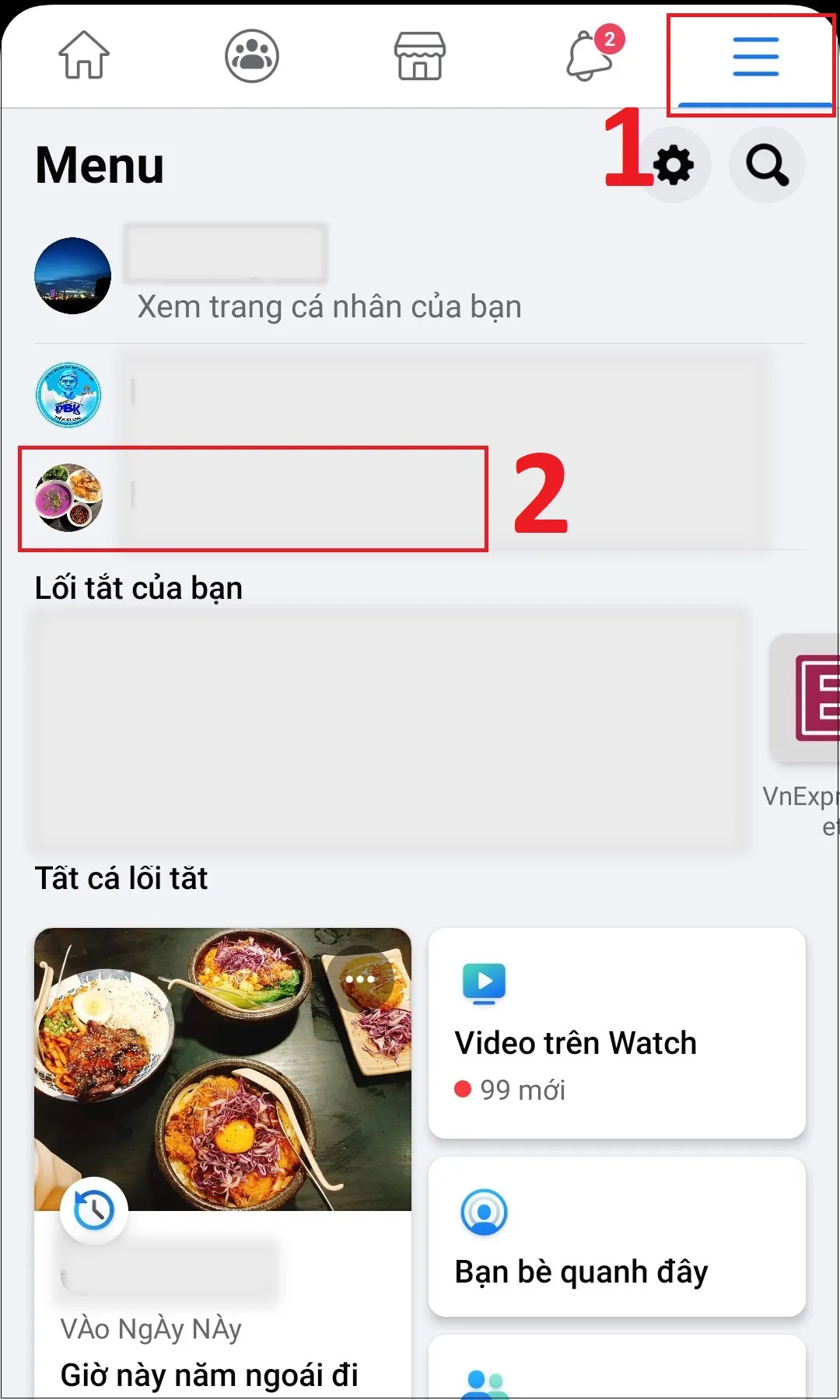 Bước 1: Nhấn vào biểu tượng Menu (3 dấu gạch ngang) ở trên cùng bên phải facebook 