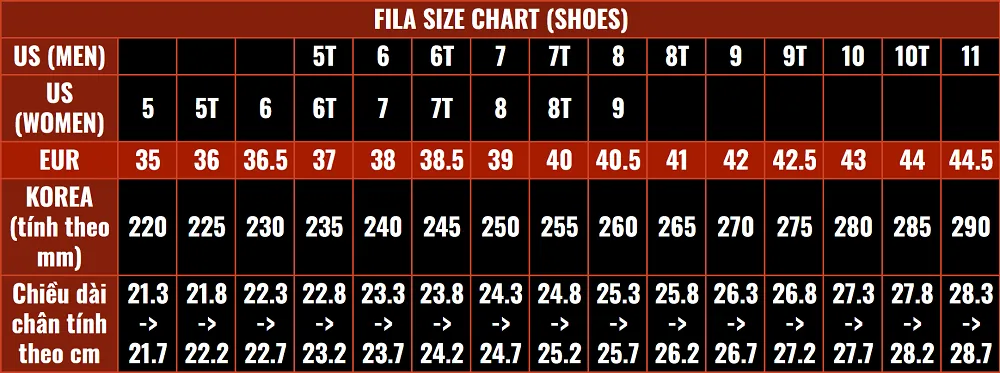 bảng size giày fila