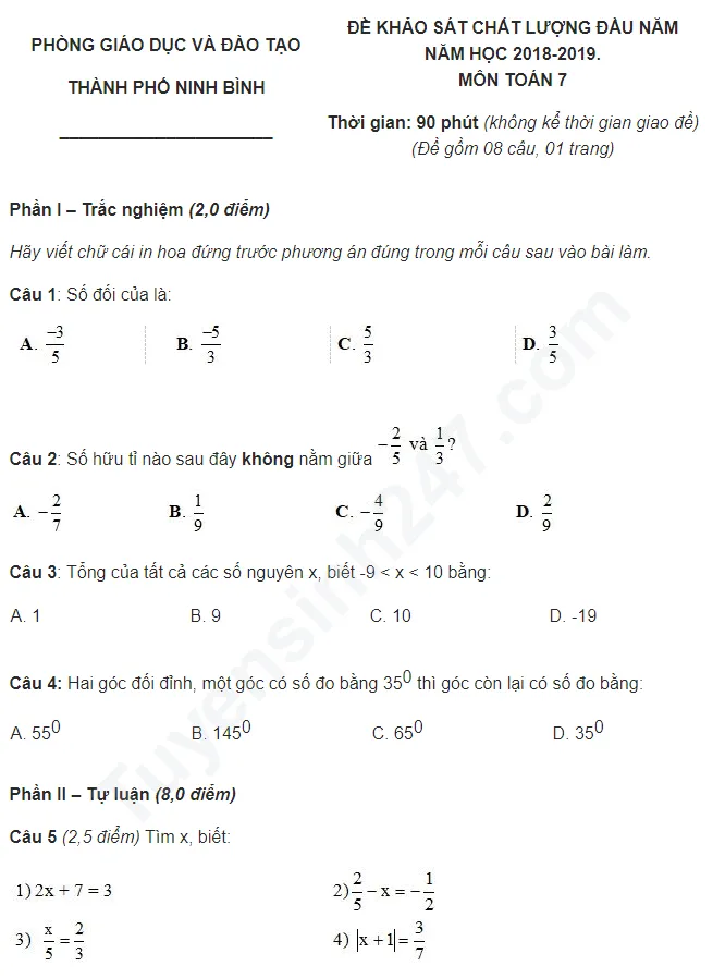 Đề khảo sát đầu năm lớp 7 môn Toán TP Ninh Bình năm 2018-2019