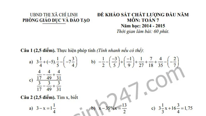 Đề khảo sát chất lượng đầu năm môn Toán lớp 7 thị xã Chí Linh