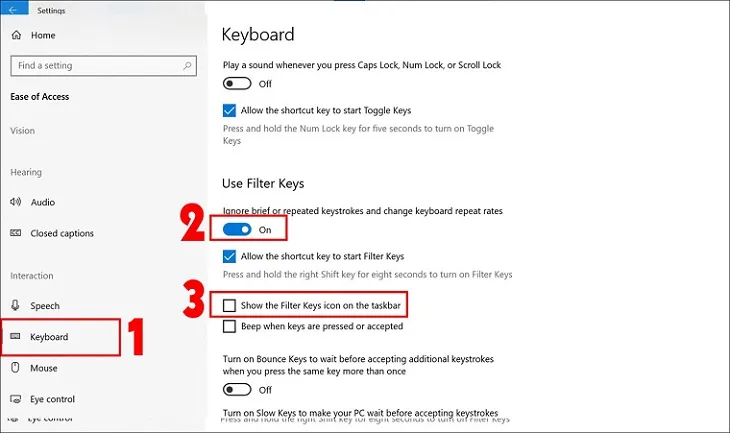 Bật On ở mục Ignore brief or repeated keystrokes and change keyboard repeat rates