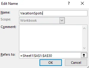 Editing a named range in Excel.