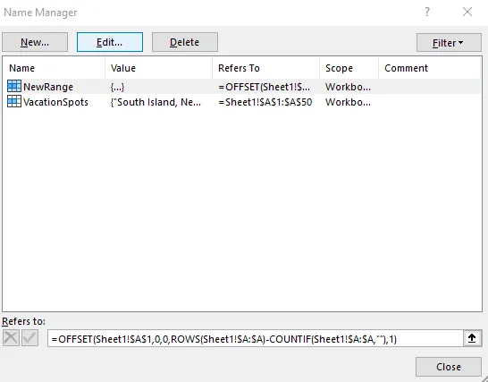 Named range in Excel using the countif and offset formula.