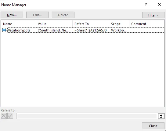 Name manager showing a list of all the named ranges in an Excel workbook.