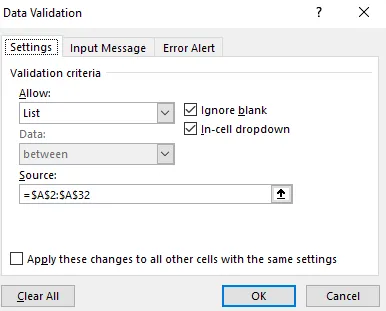 Data validation list in Excel updated.