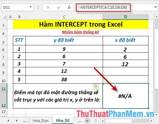 Trường hợp số điểm dữ liệu của 2 mảng x, y khác nhau - hàm trả về giá trị lỗi #N/A