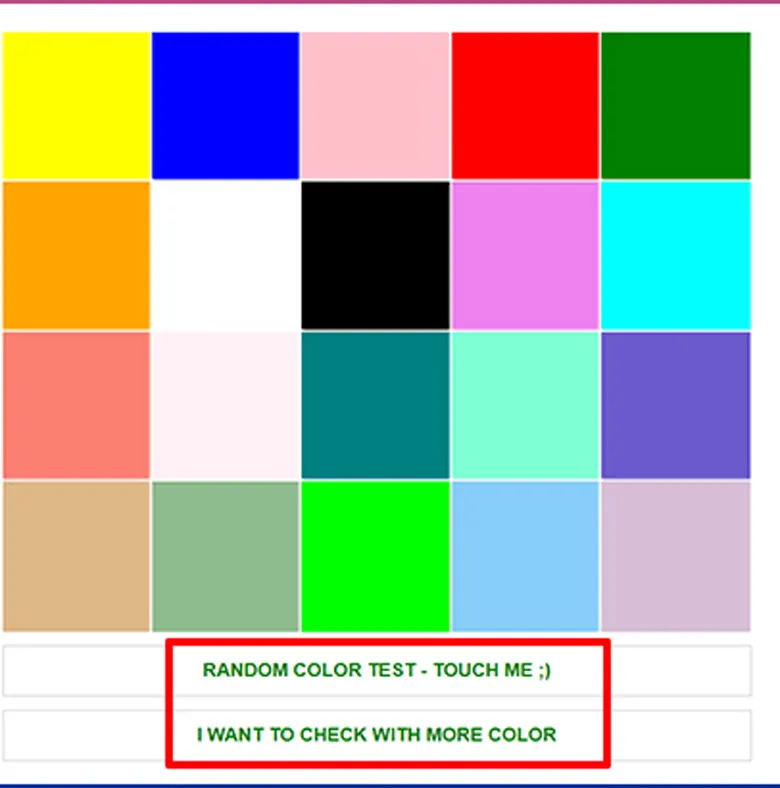Cách test laptop bằng trình duyệt thực hiện việc kiểm tra màu và nhấn nút test màu ngẫu nhiên