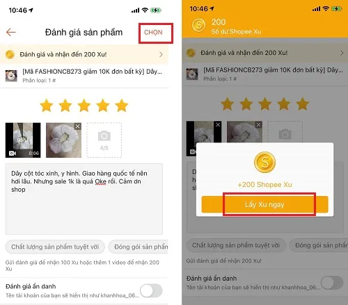 nhận Xu sau khi đánh giá trên Shopee 